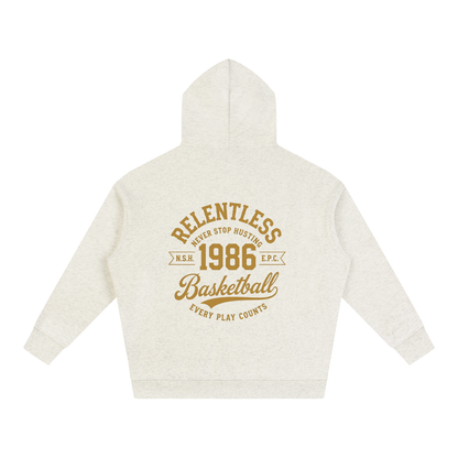 Oversized fleece hoodie, light heather beige, back basketball graphic, hood and pocket
