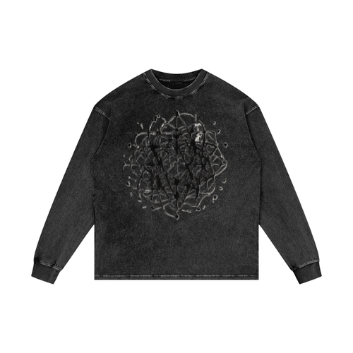 Oversize long-sleeve acid wash t-shirt, dark gray, crew neck, front graphic splatter