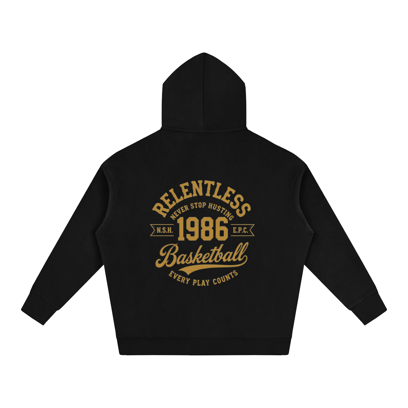 Oversized fleece hoodie, black, back basketball graphic, hood and kangaroo pocket