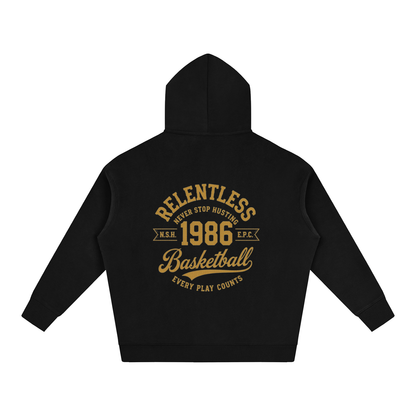 Oversized fleece hoodie, black, back basketball graphic, hood and kangaroo pocket