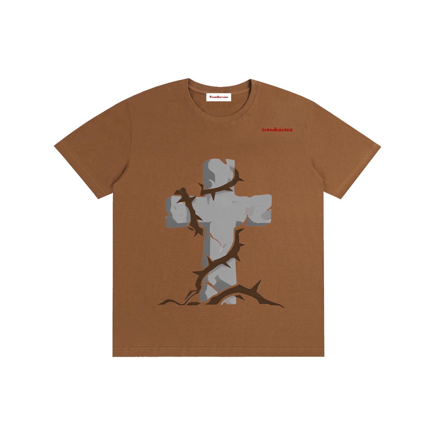 Unisex cotton T-shirt, caramel brown, gray Jesus kneeling graphic