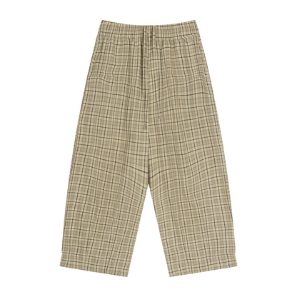 Unisex apricot plaid wide-leg pants with elastic waistband and roomy straight legs