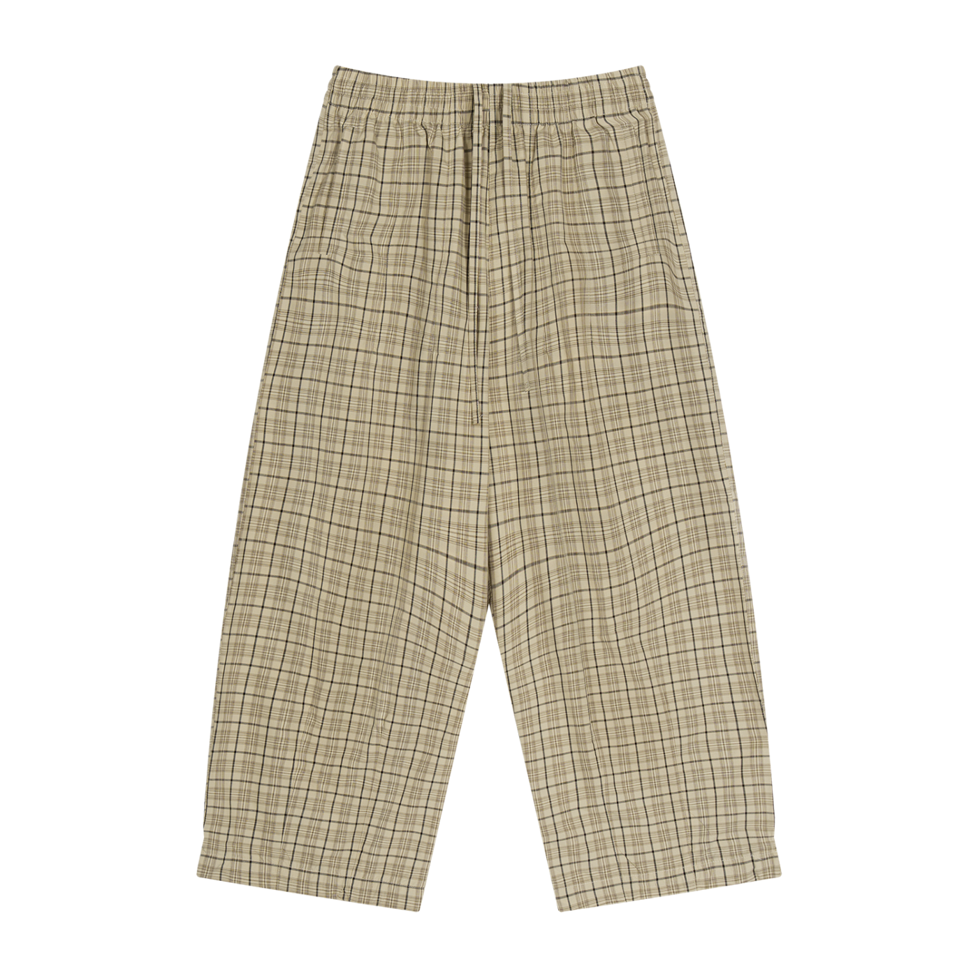 Apricot plaid wide-leg pants with elastic waistband and relaxed straight legs