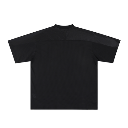 Black oversized mesh soccer jersey, short sleeves, crew neck back view
