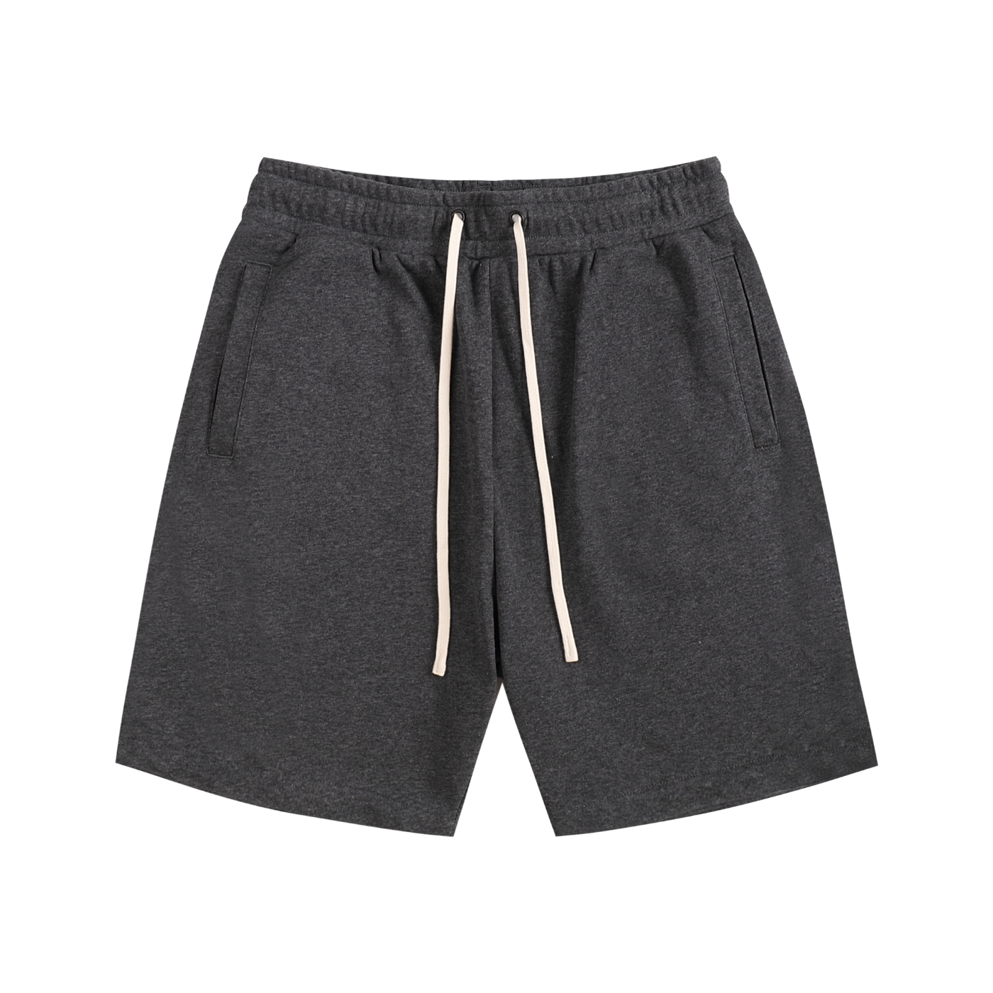 Dark gray cotton drawstring shorts with elastic waistband, unisex streetwear.