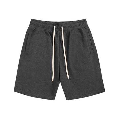Unisex dark gray cotton drawstring shorts with elastic waistband and side pockets