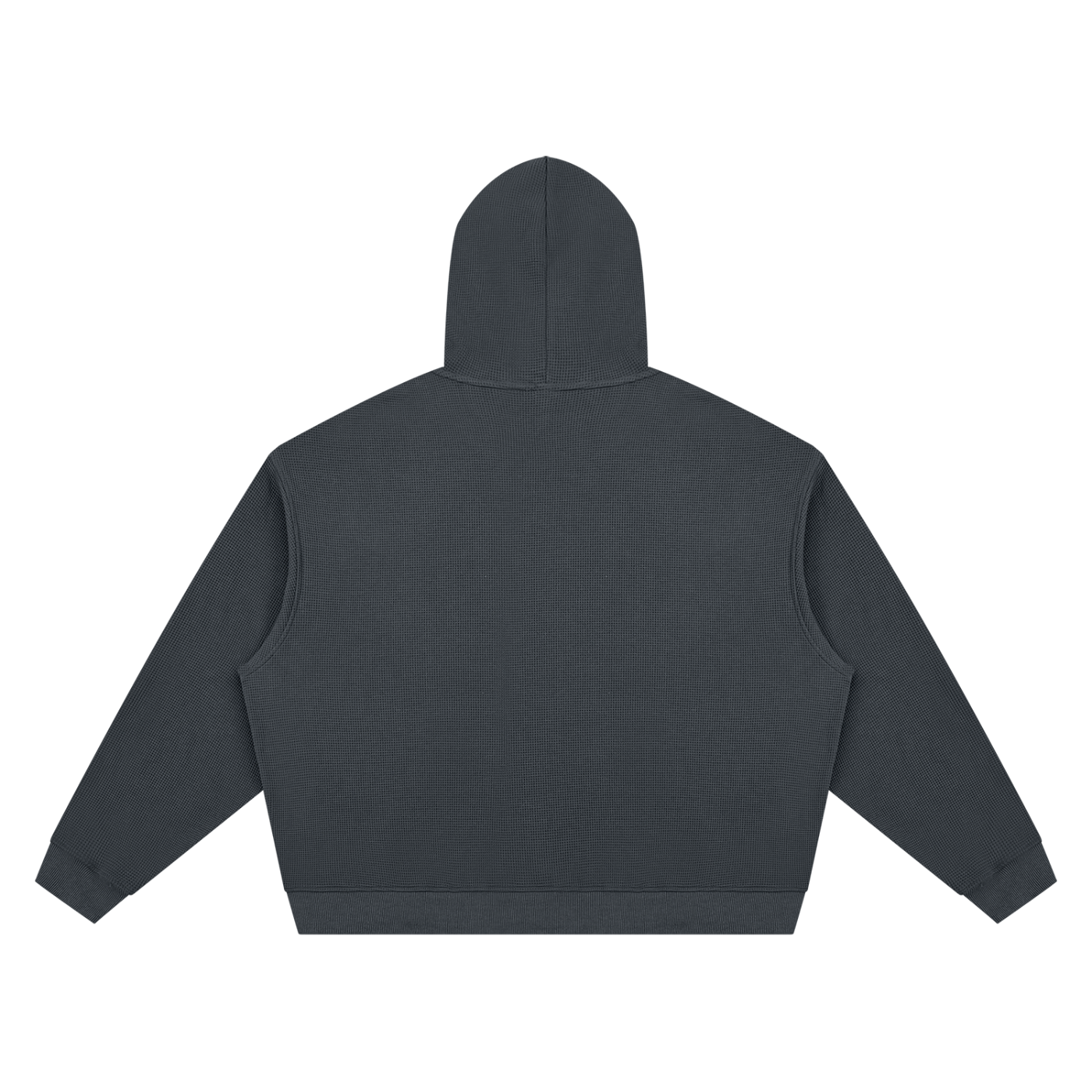 Unisex waffle boxy hoodie, dark gray, pullover hood and kangaroo pocket; back view