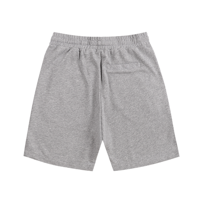Dark gray cotton shorts with elastic waistband, drawstring, and side pockets; no front graphic.