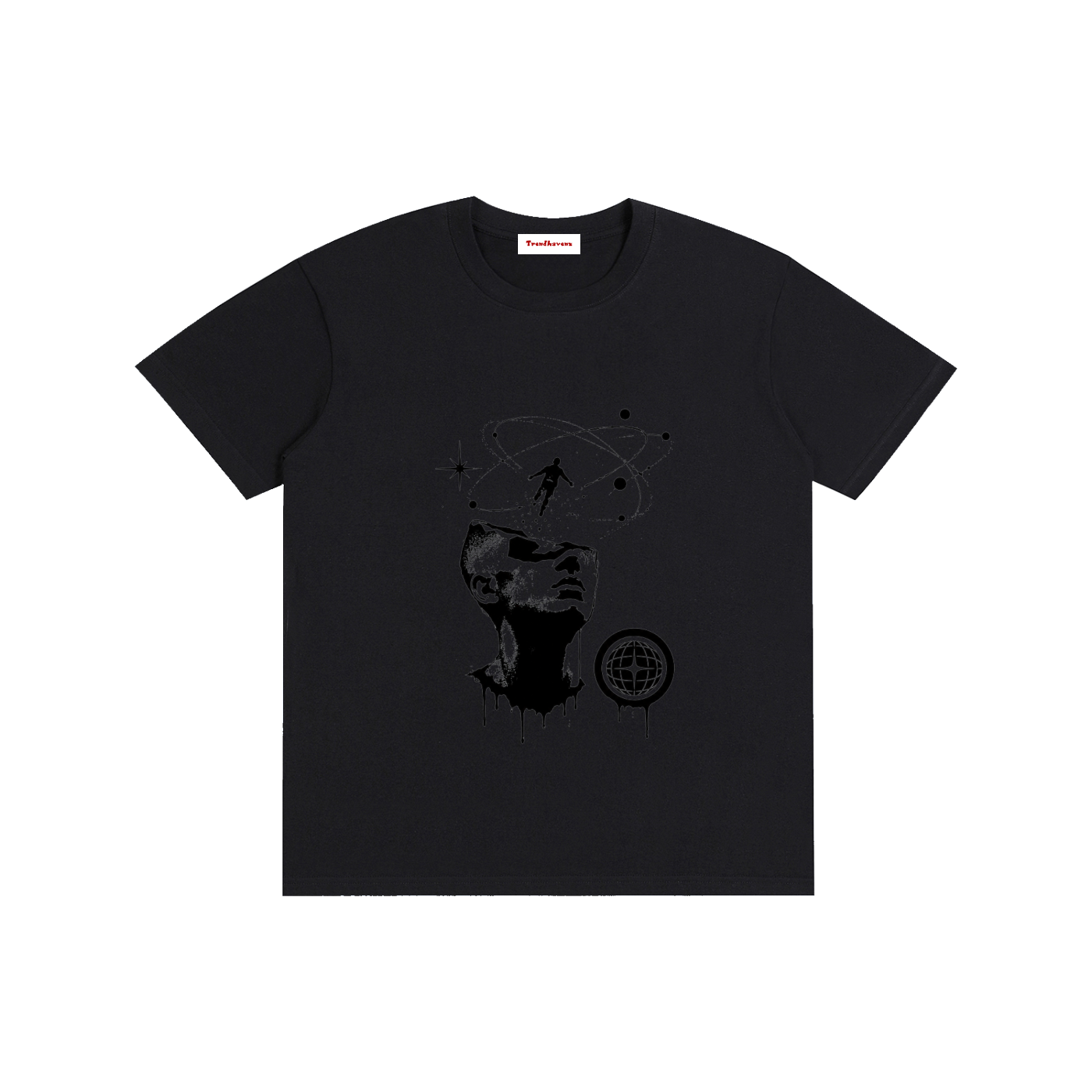 Unisex T-shirt, dark charcoal black, crew neck, short sleeves, front face graphic print