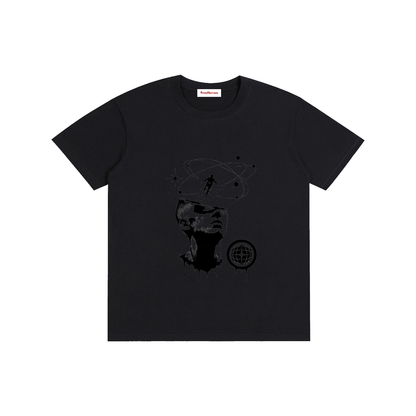 Unisex T-shirt, dark charcoal black, crew neck, short sleeves, front face graphic print