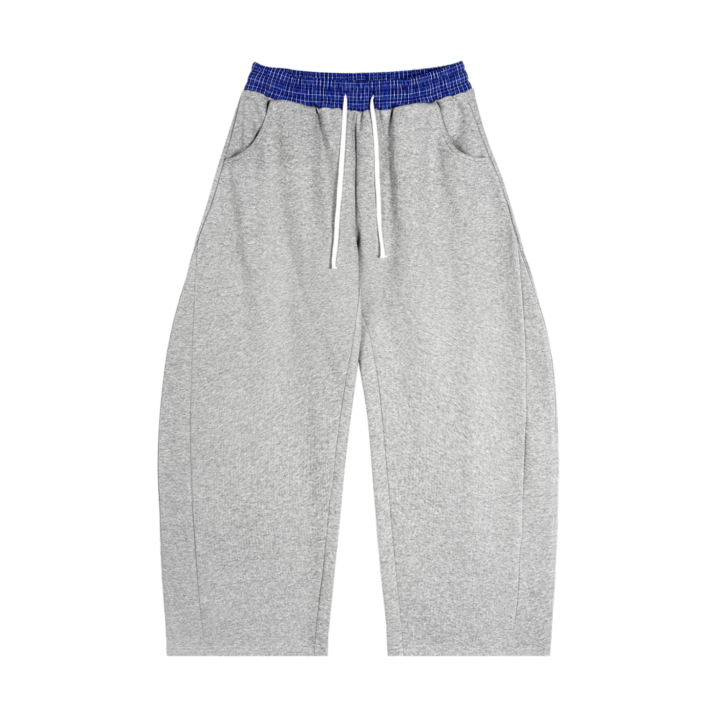 Heather gray barrel sweatpants with blue plaid waistband and front drawstring