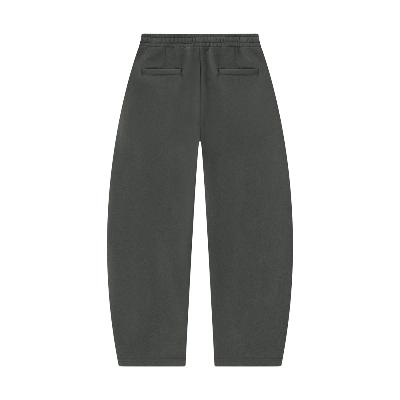 Dark gray unisex barrel-leg sweatpants with side pockets and elastic waistband