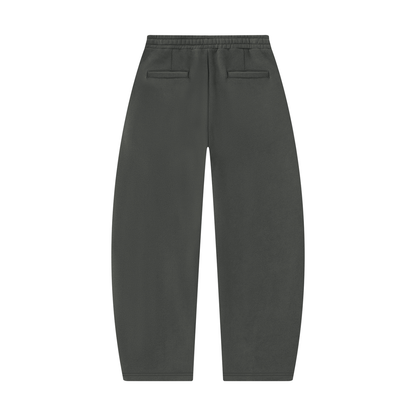 Dark gray unisex barrel-leg sweatpants with side pockets and elastic waistband