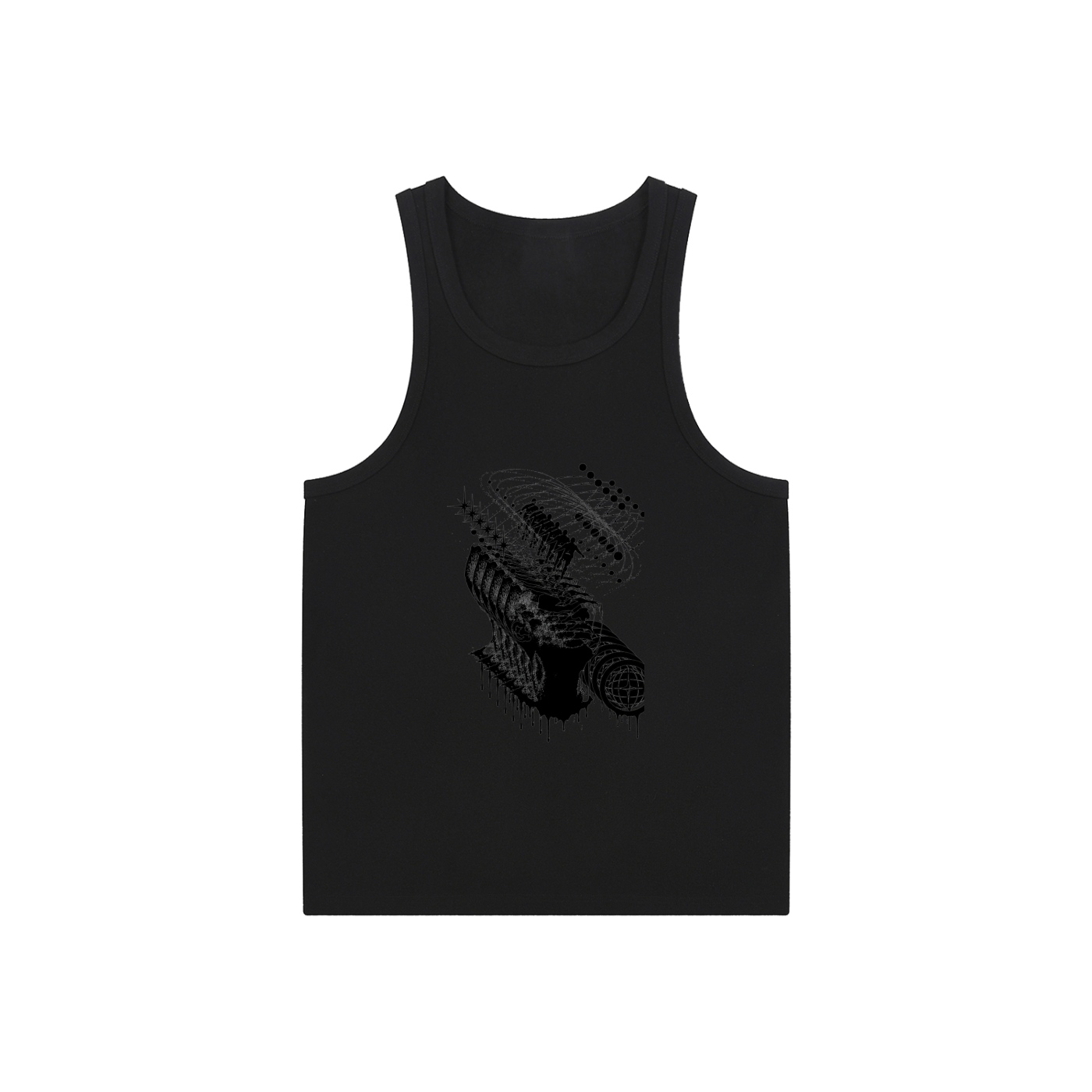 Black graphic face tank top with distressed glitch-style print on front