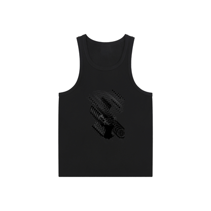 Black graphic face tank top with distressed glitch-style print on front