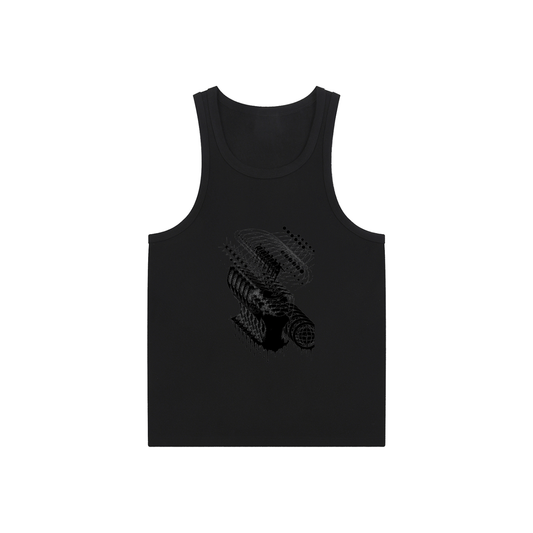 Black graphic face tank top with distressed glitch-style print on front