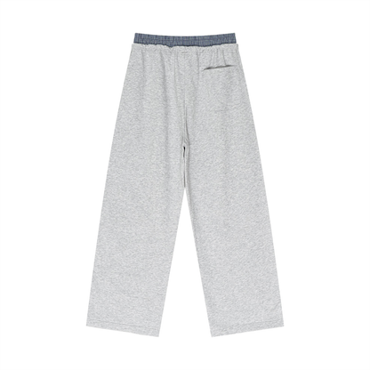 Plaid-contrast waist pants in light heather gray with elastic waistband and loose wide fit