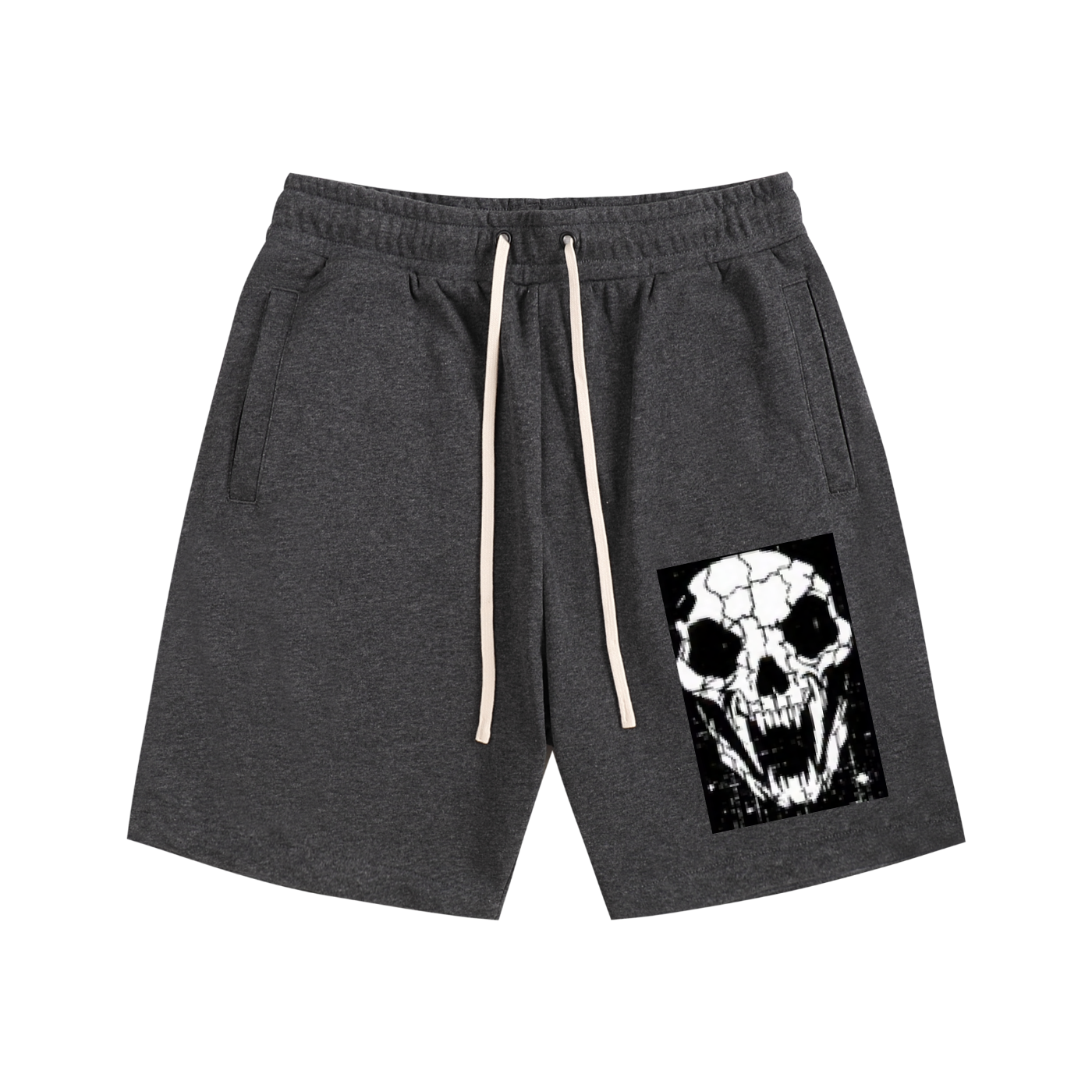 Dark gray cotton shorts with drawstring and front skull graphic