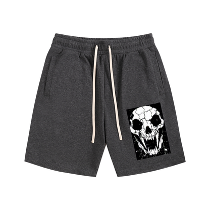 Dark gray cotton shorts with drawstring and front skull graphic
