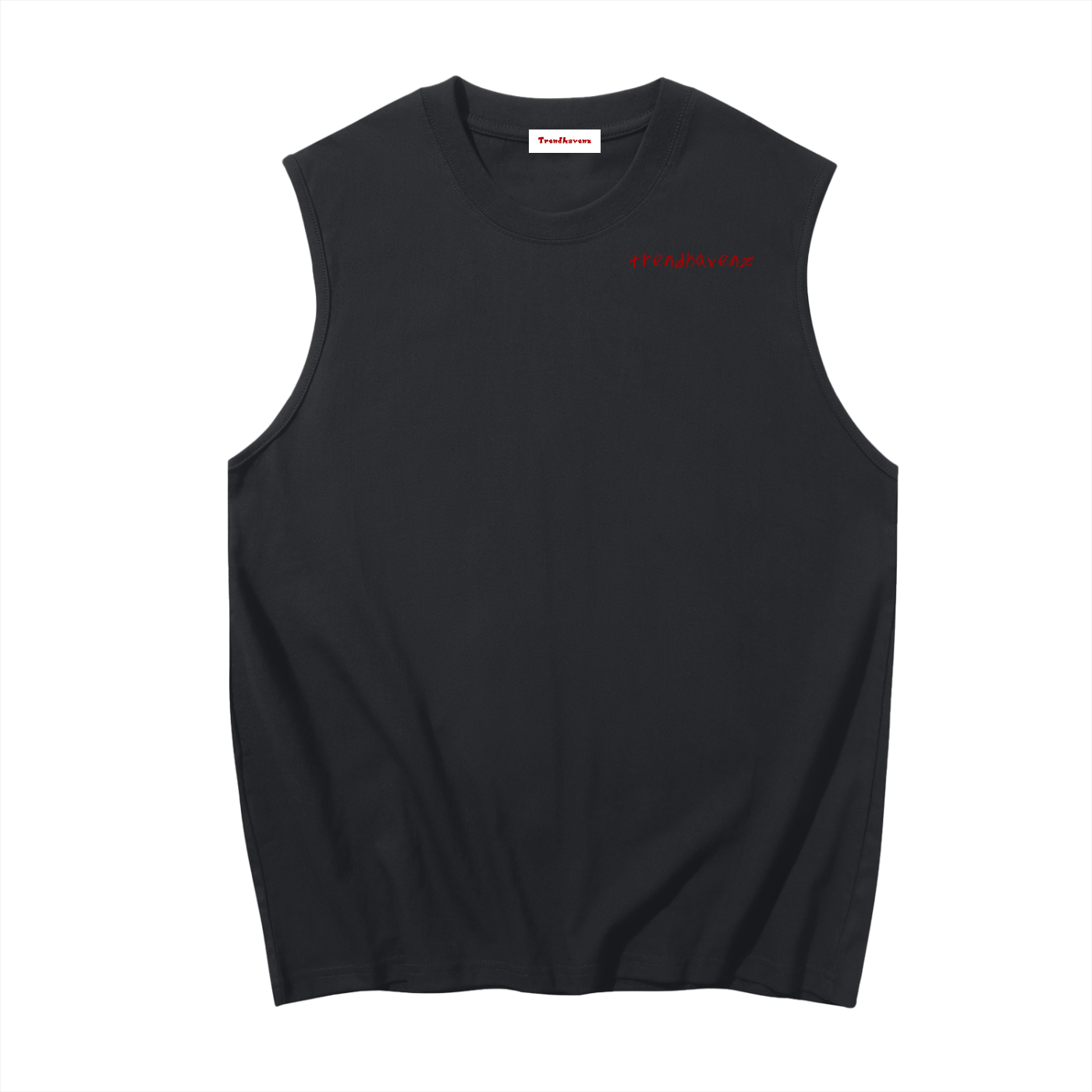 Men's sleeveless cotton tank top, black; crew neck; small red chest logo print