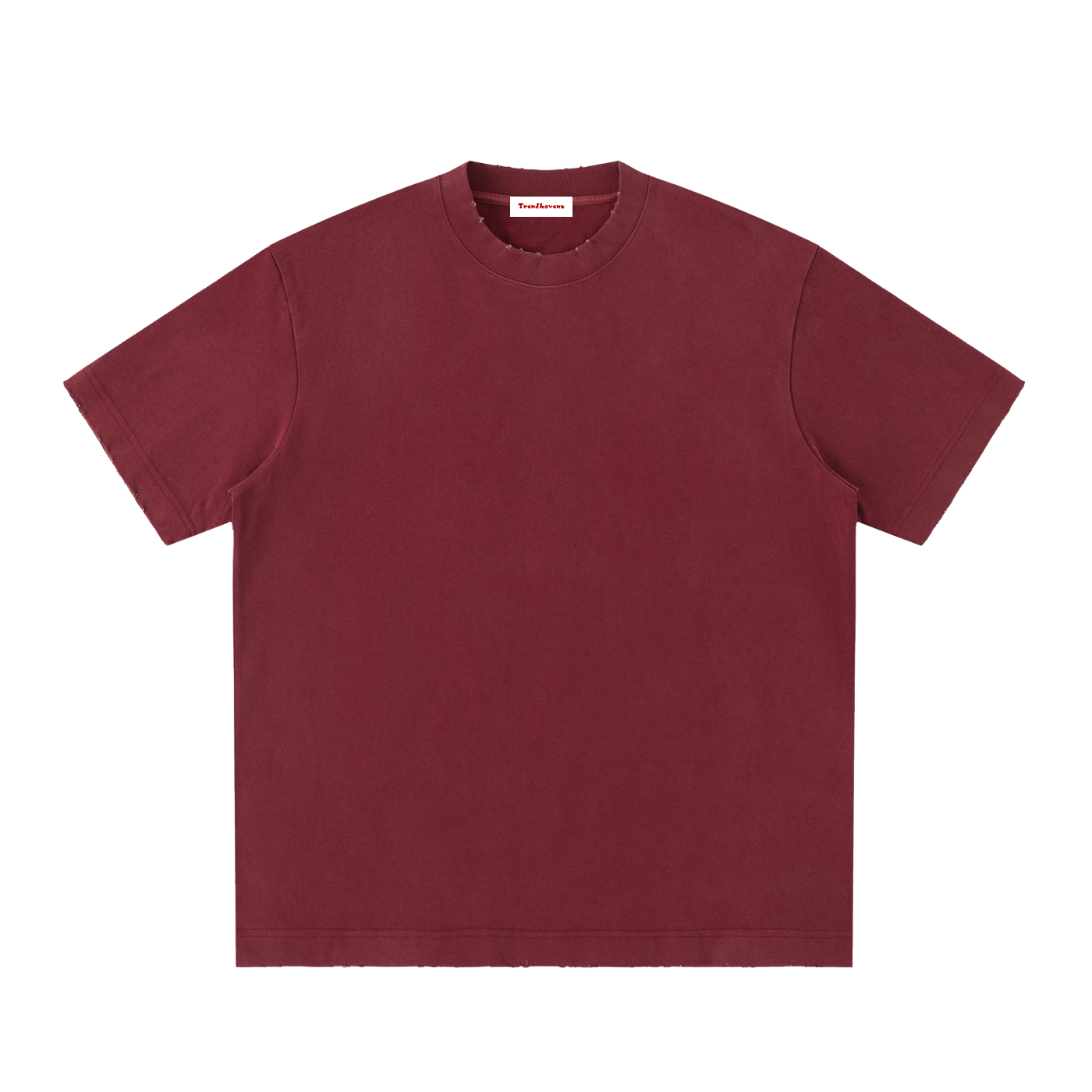 Vintage-washed maroon t-shirt, crew neck, short sleeves, front view