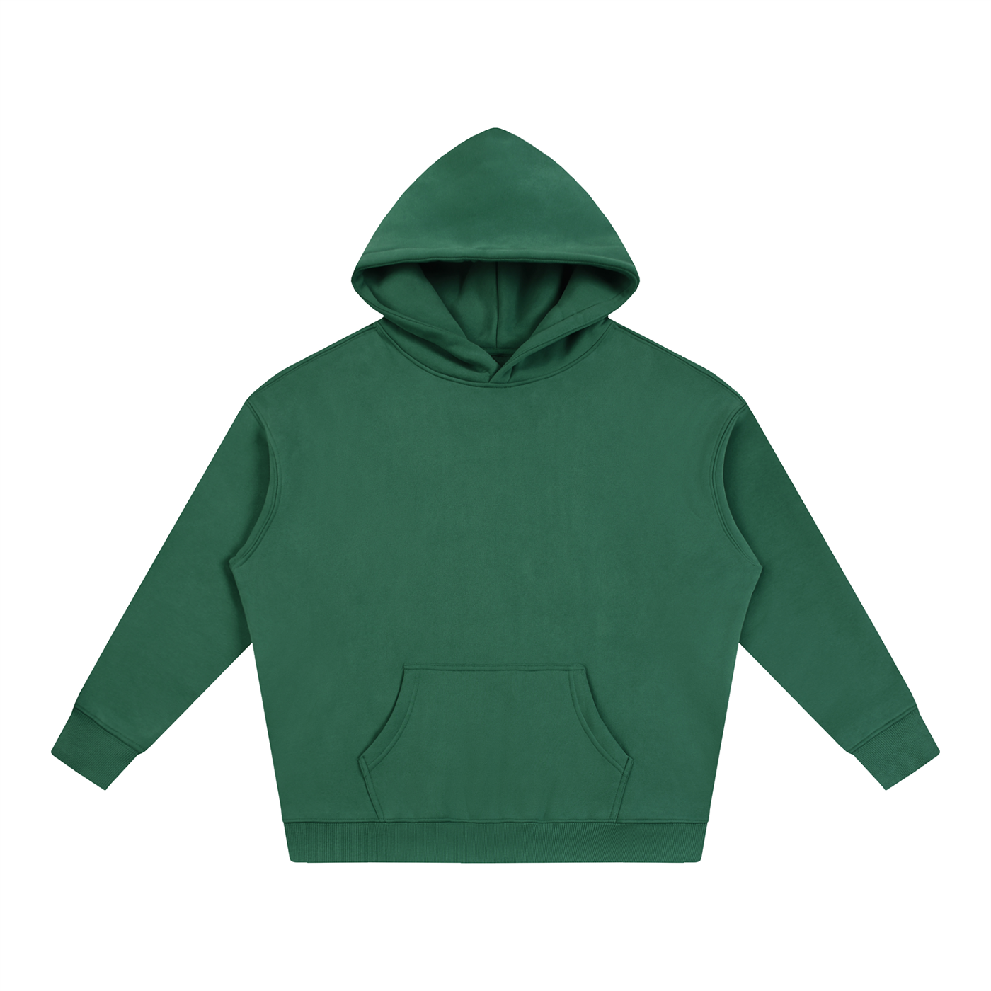Oversize hoodie in dark green, front view with hood and kangaroo pocket