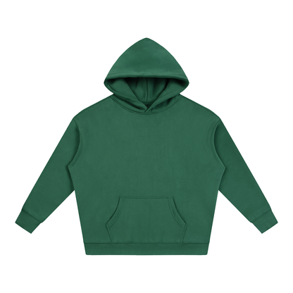 Oversize hoodie in dark green, front view with hood and kangaroo pocket