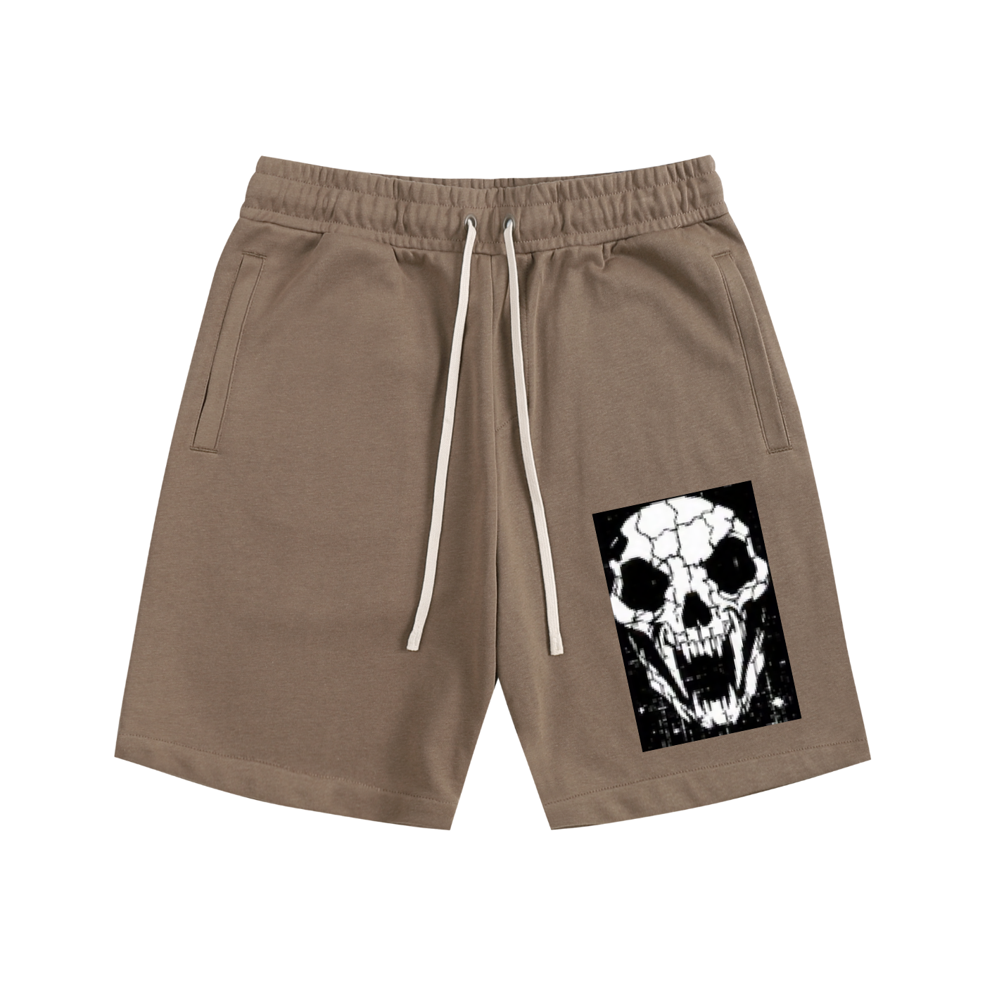 Coffee brown cotton shorts with elastic waistband, drawstring, side pockets, and skull front graphic.