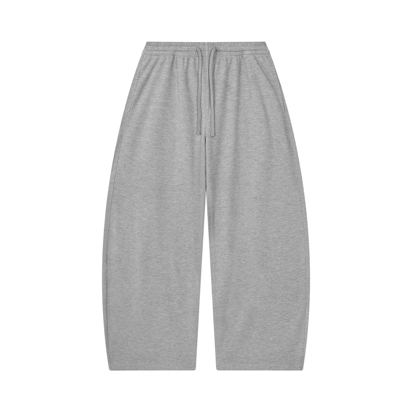 Waffle barrel leg pants in light gray, elastic waistband with drawstring