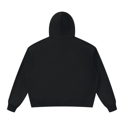 Black oversized heavyweight hoodie back view with hood and no visible logo