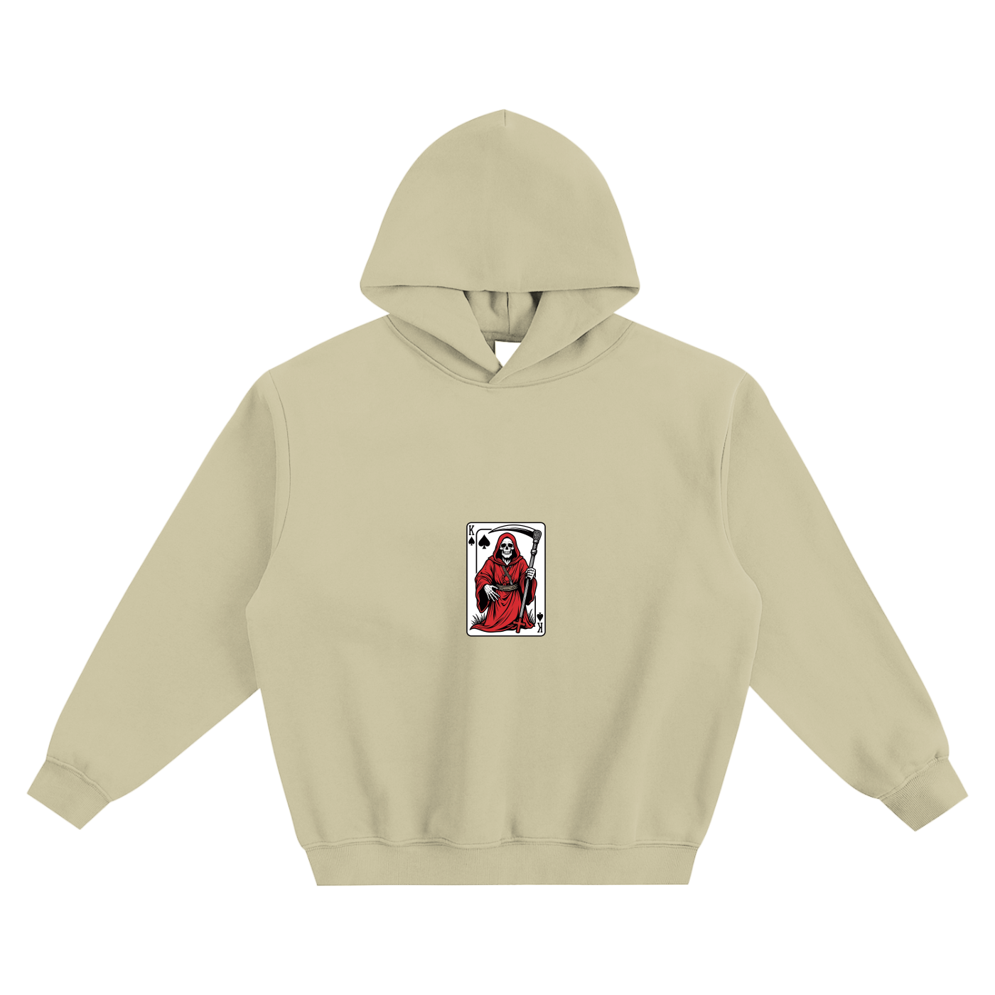 Boxy fleece hoodie, cream apricot, front small skeleton playing-card graphic