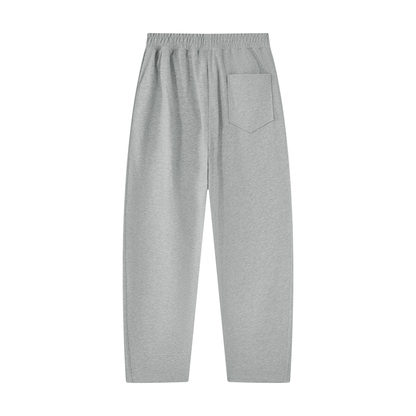 Dark gray unisex sweatpants with elastic waist and side patch pocket.
