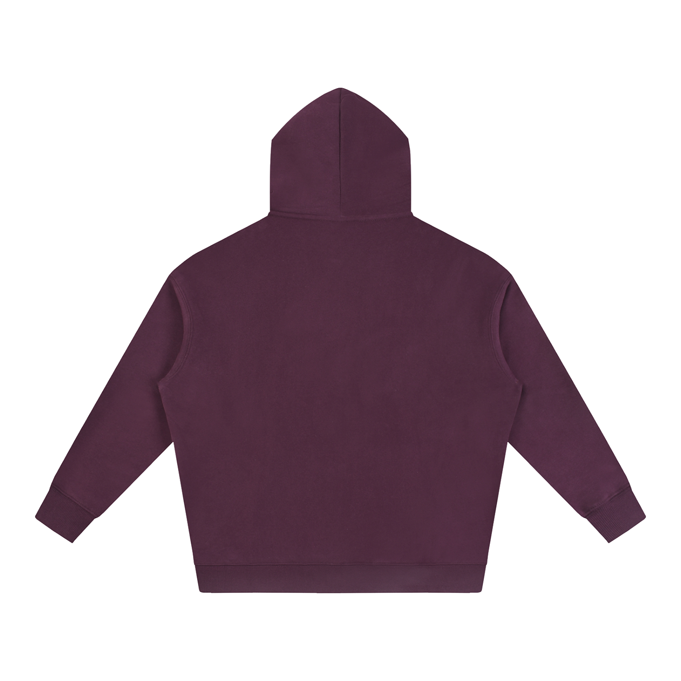 Oversize fleece hoodie, plum purple back view with hood and front pouch pocket