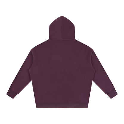 Oversize fleece hoodie, plum purple back view with hood and front pouch pocket