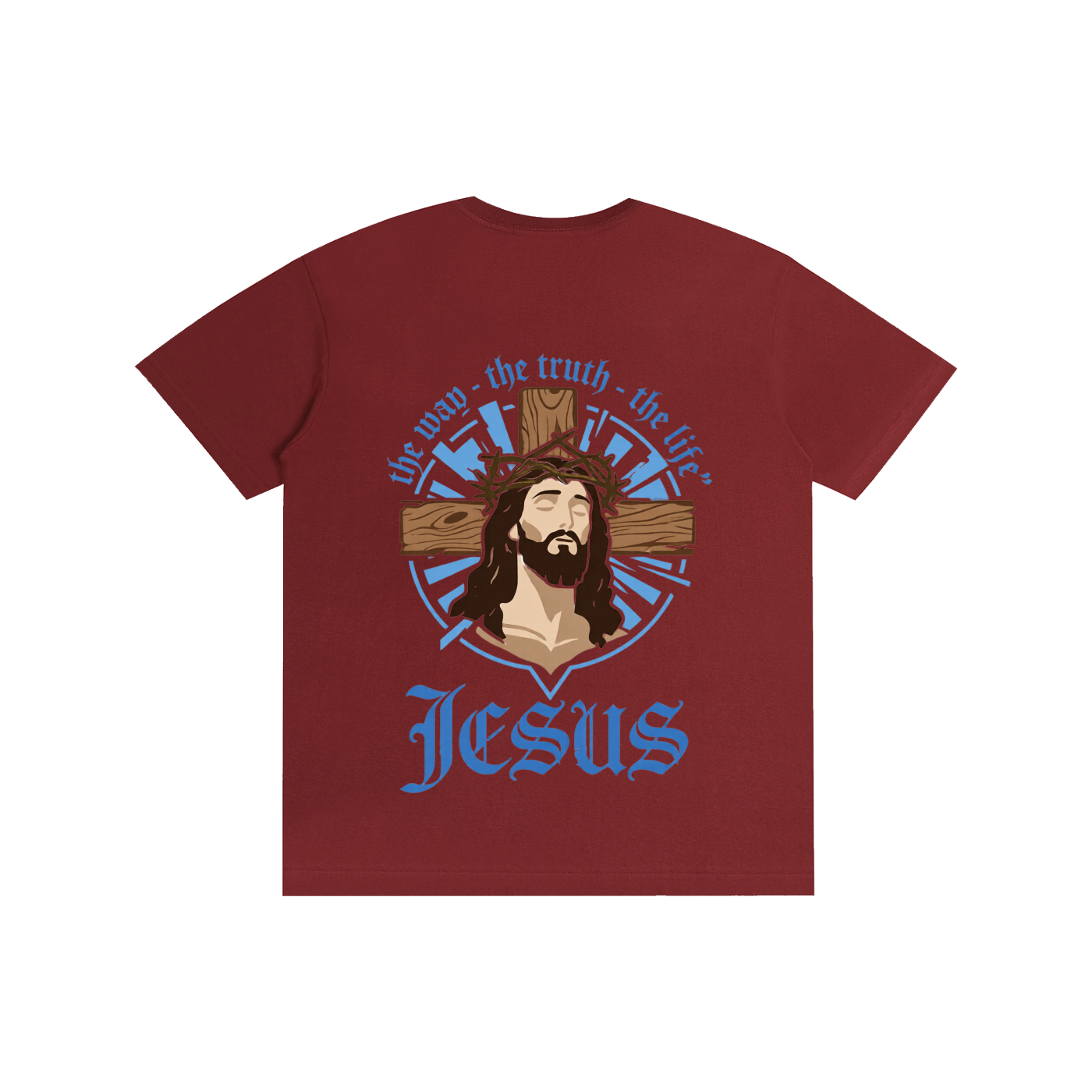 Unisex cotton T-shirt, dark red, Jesus logo with blue sunburst