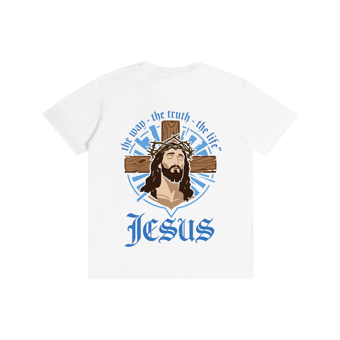 Unisex pure cotton T-shirt, white with blue Jesus emblem and text graphic