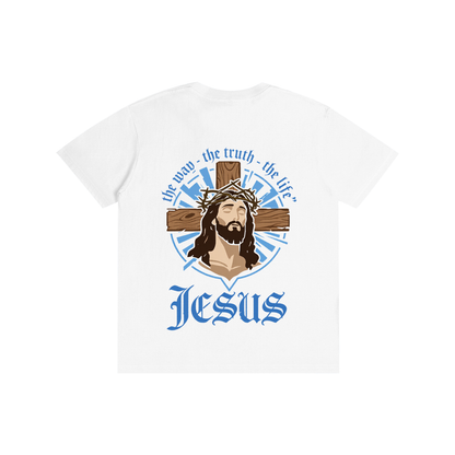 Unisex pure cotton T-shirt, white with blue Jesus emblem and text graphic