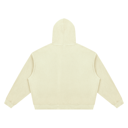 Textured waffle boxy hoodie, light cream, back view with hood and kangaroo pocket