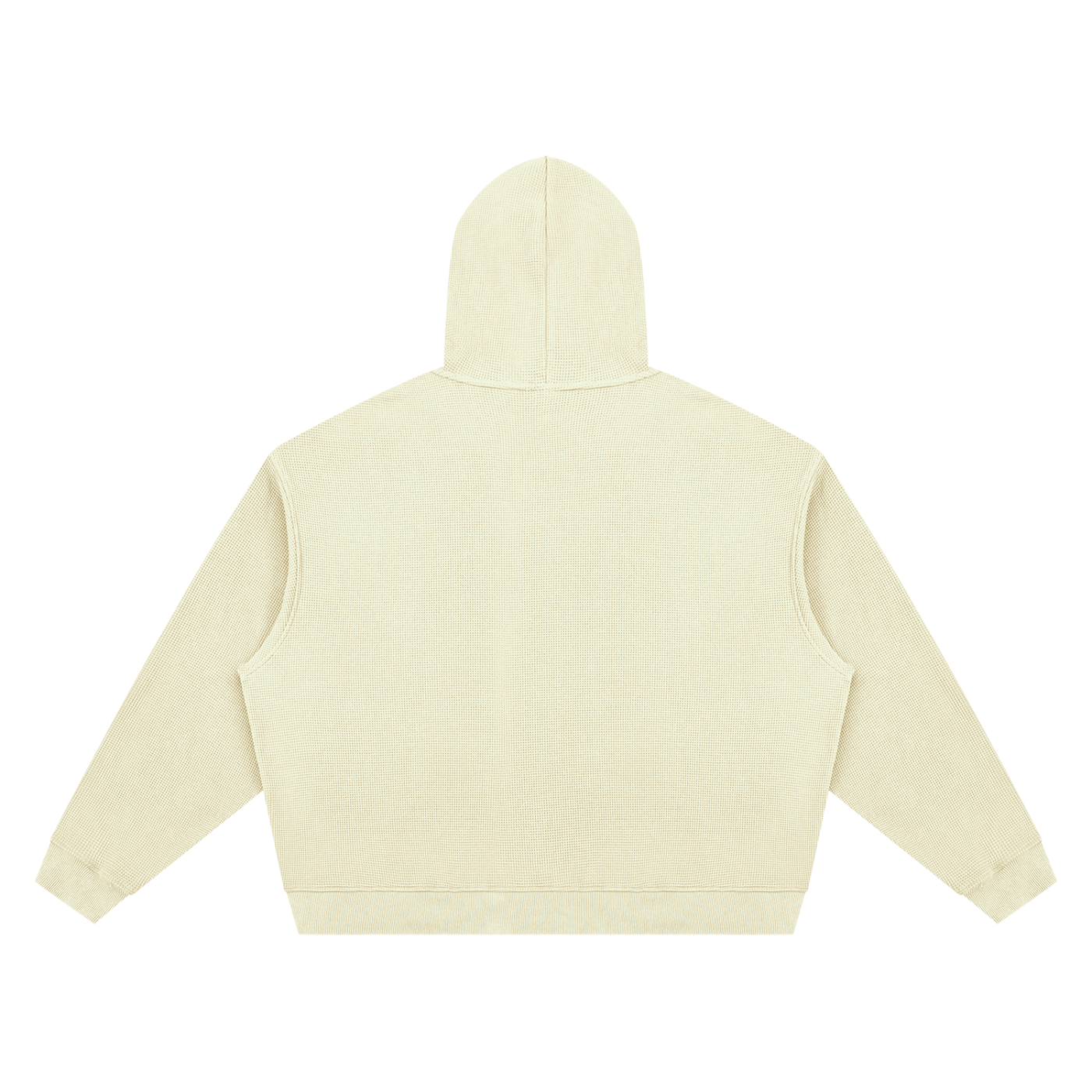 Light beige unisex boxy pullover hoodie, back view with hood and front kangaroo pocket