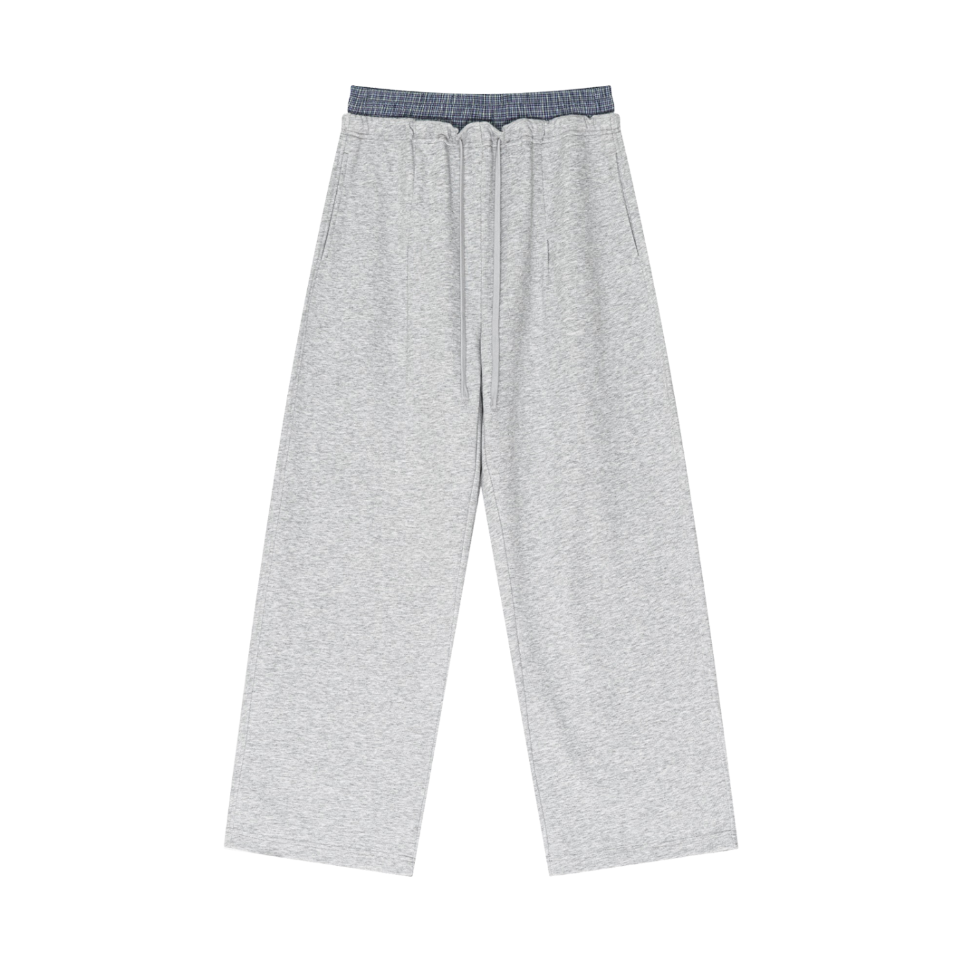 Light gray wide-leg pants with elastic waistband and plaid contrast trim