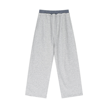 Plaid-contrast waist pants in light heather gray, wide-leg pull-on with elastic waist