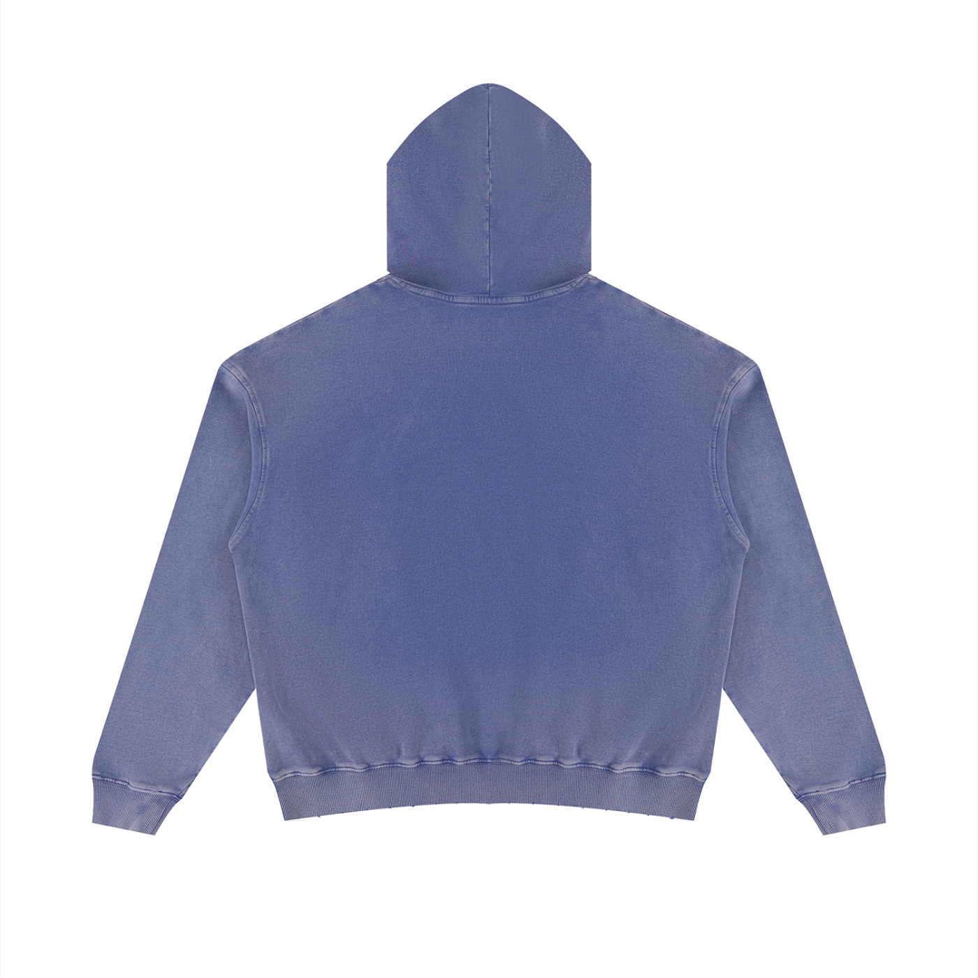 Unisex mineral-wash distressed pullover hoodie, blue, back view with hood and ribbed hem