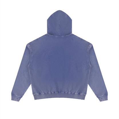 Unisex mineral-wash distressed pullover hoodie, blue, back view with hood and ribbed hem