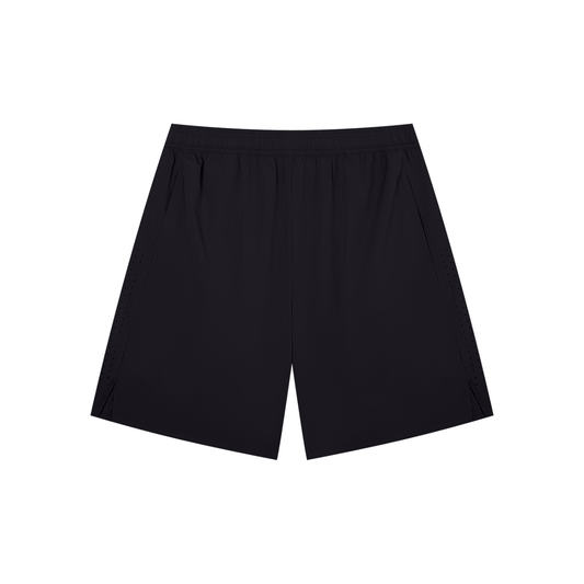 Men's performance shorts in black, elastic waistband, dotted side trim