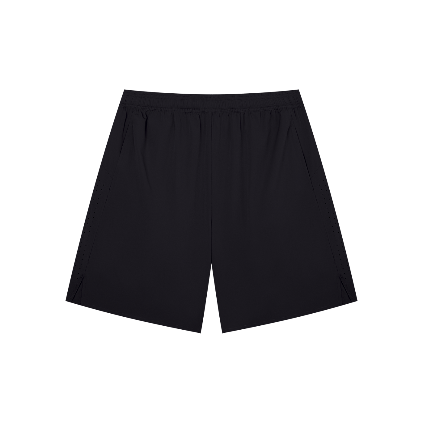 Men's black performance shorts with elastic waistband, above-knee cut