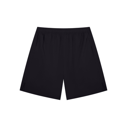 Men's black performance shorts with elastic waistband, above-knee cut