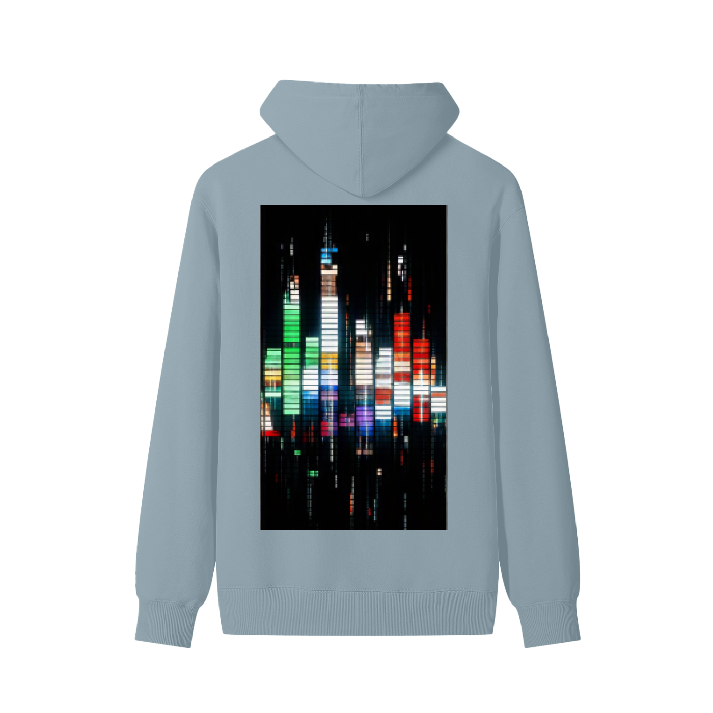 Haze blue cotton unisex hoodie with back square city skyline graphic