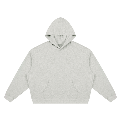 Textured waffle boxy hoodie, light heather gray, front view with hood and kangaroo pocket