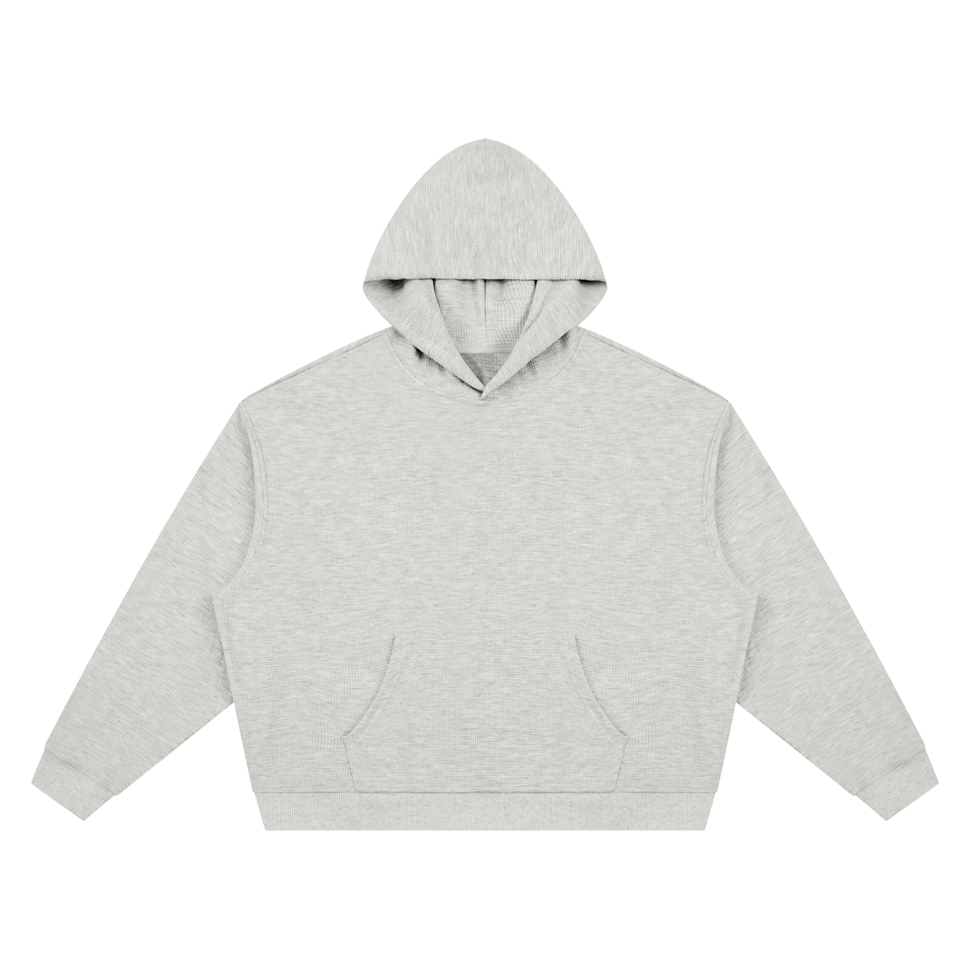 Light gray unisex boxy pullover hoodie with hood and front kangaroo pocket