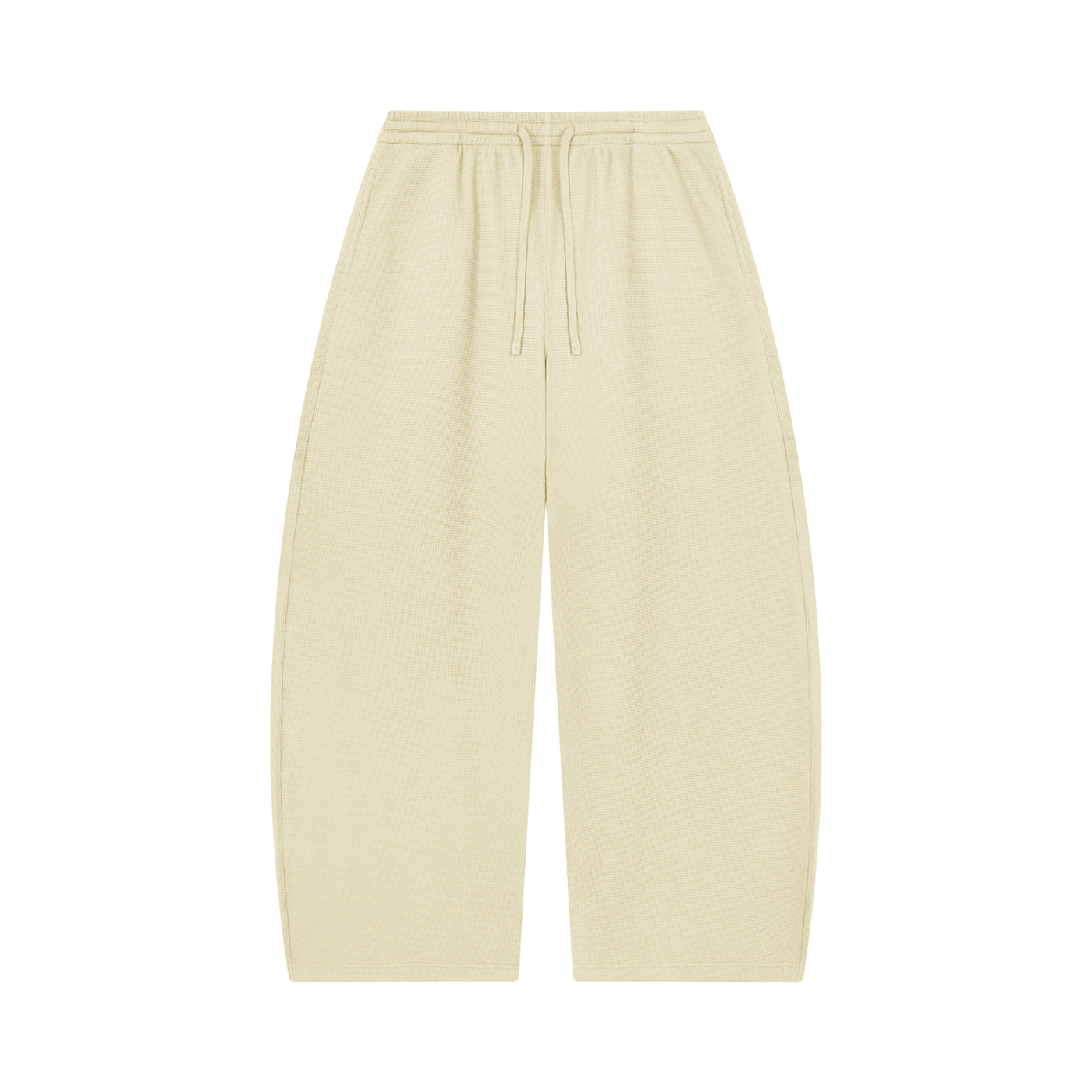 Light cream barrel-leg pants with elastic waistband and drawstring, relaxed fit